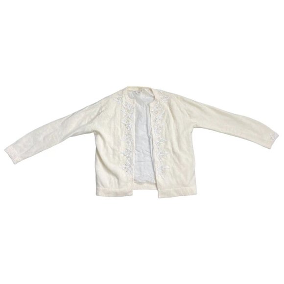 Vintage Harilela's Women's White Granny Core Beaded Lambswool Blend Cardigan  8 - Picture 1 of 8